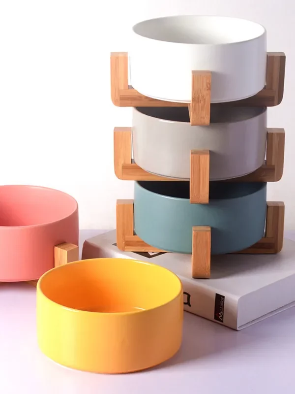 Gamelle céramique support bambou pour chien et chat